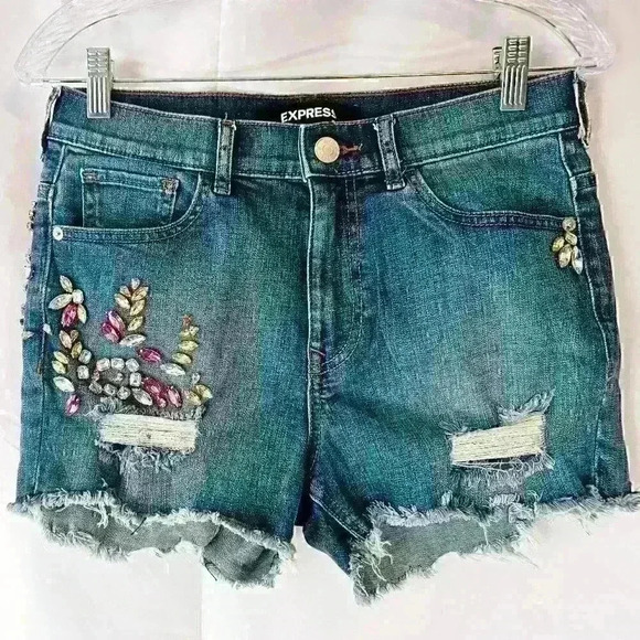 Express High Rise Shortie Jeweled Shorts with Frayed Bottom, Size 2 - Picture 1 of 9